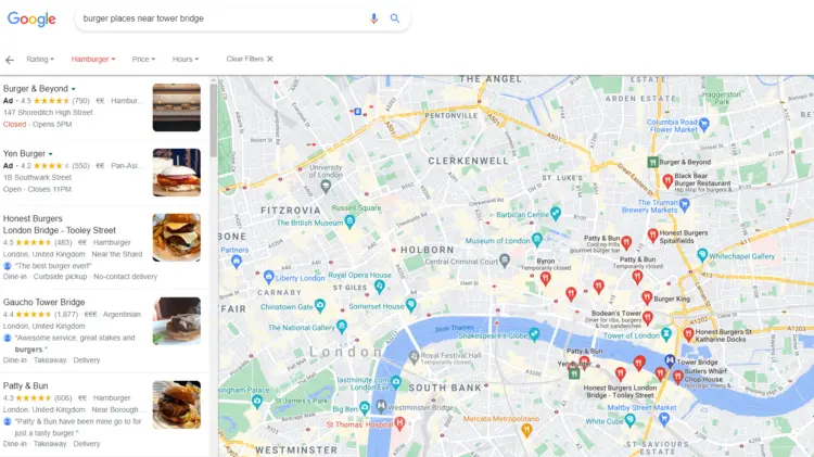 Google Maps results for the search query "burger places near tower bridge" Google Maps results for the search query "burger places near tower bridge"