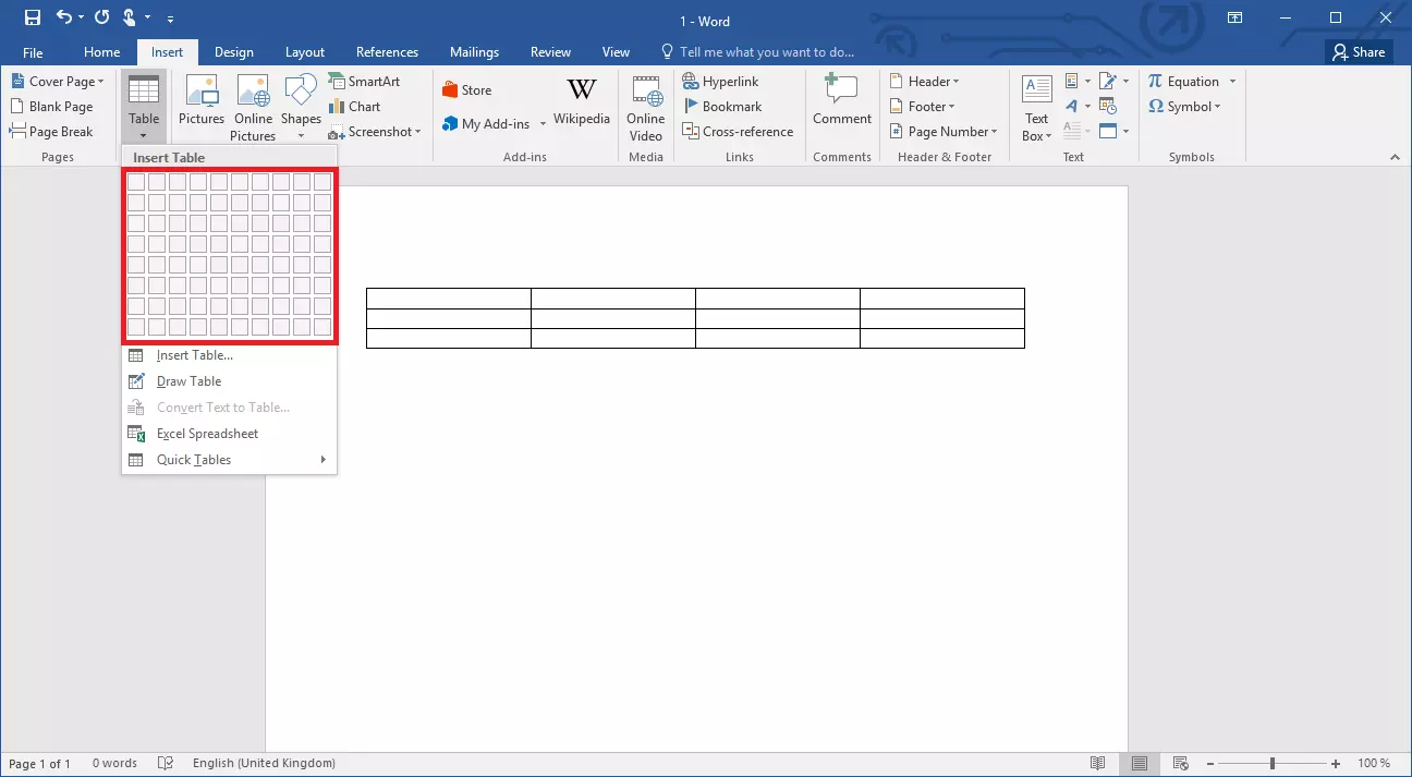 Image: The Insert option, which creates a table in Word using the mouse pointer