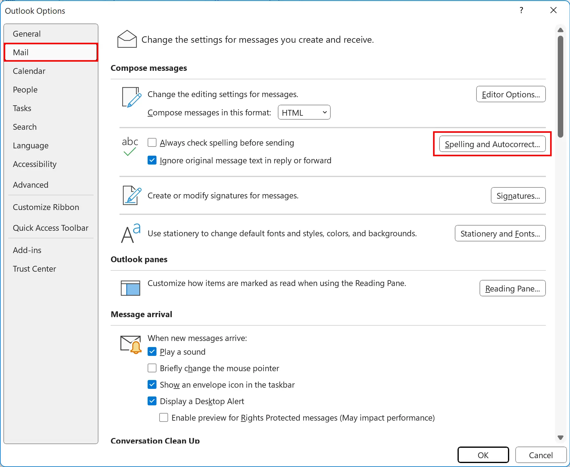 Email section in the Outlook options Image: Email section in the Outlook options