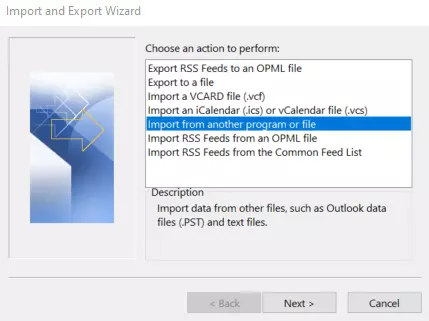 Start menu of the Import and Export Wizard in Outlook 365 Start menu of the Import and Export Wizard in Outlook 365