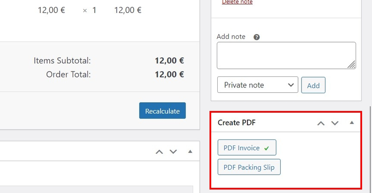Screenshot of “Create PDF” menu in the WooCommerce backend Screenshot of “Create PDF” menu in the WooCommerce backend