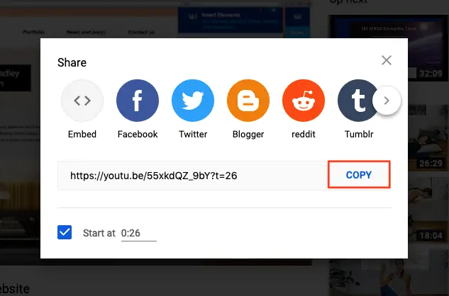 Obtaining a timestamped YouTube link in the “Share” menu Obtaining a timestamped YouTube link in the “Share” menu