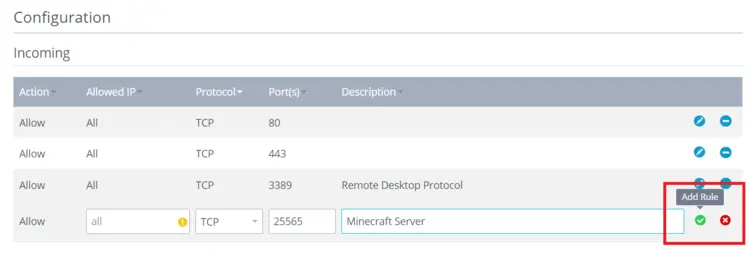 Add new port rule in IONOS Cloud Panel Add new port rule in IONOS Cloud Panel