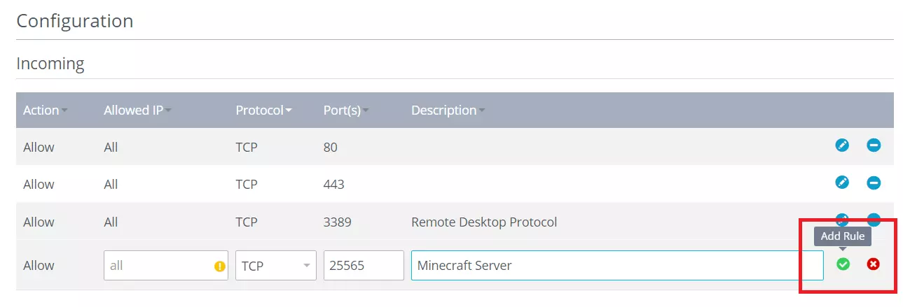 Image: Add new port rule in IONOS Cloud Panel