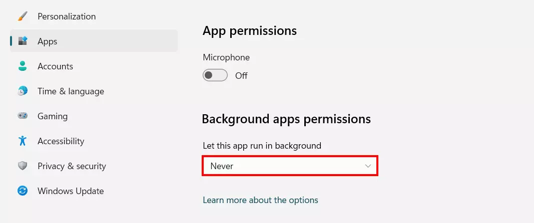 Image: Windows 11: “Advanced settings” of an app with background permissions