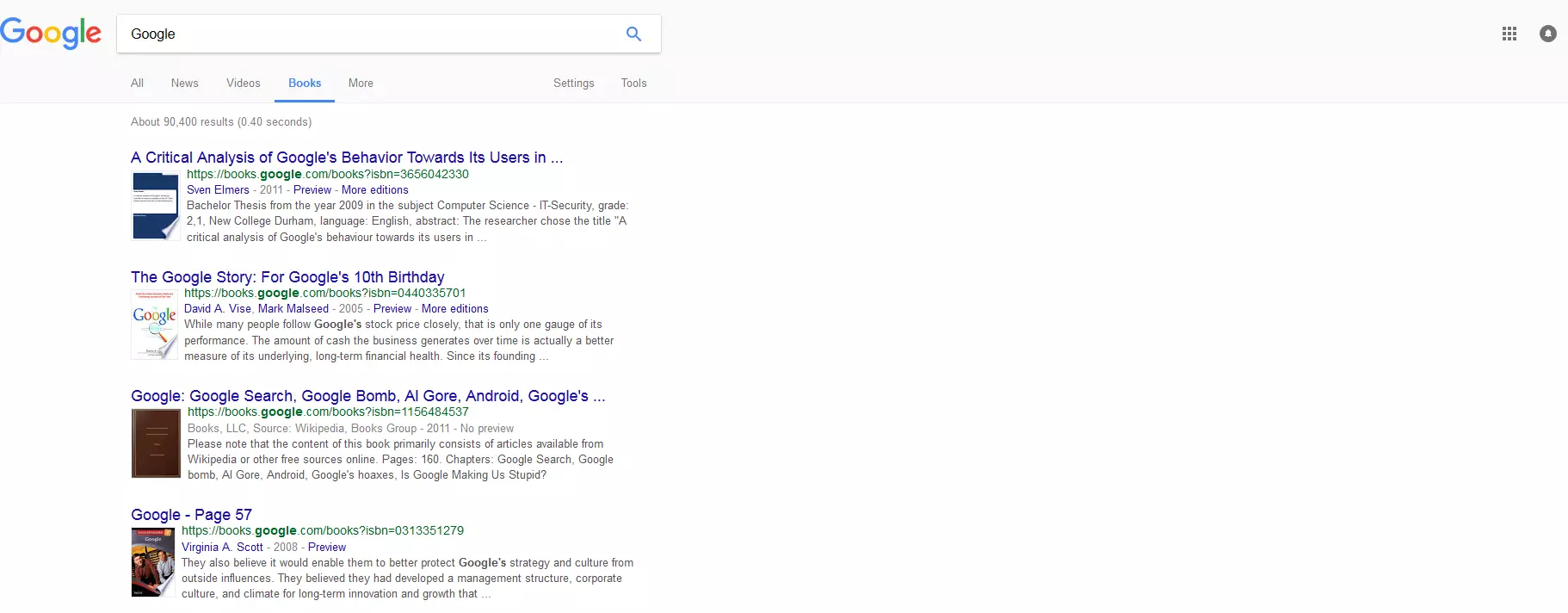Image: Google search using Google Books function
