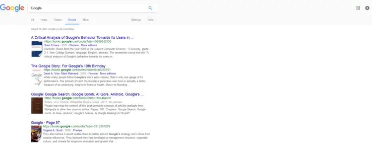 Google search using Google Books function Google search using Google Books function