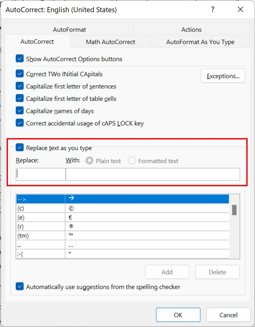Outlook for Windows: AutoCorrect options Image: Outlook for Windows: AutoCorrect options