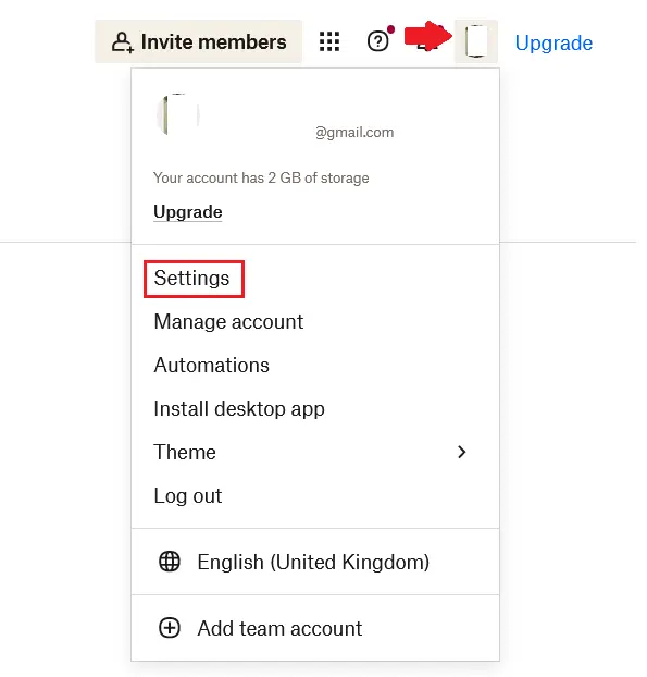 Image: The Dropbox user profile account page