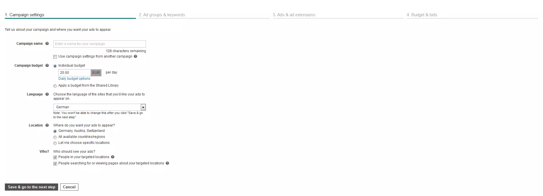 Image: Menu with settings for an advertising campaign with Bing