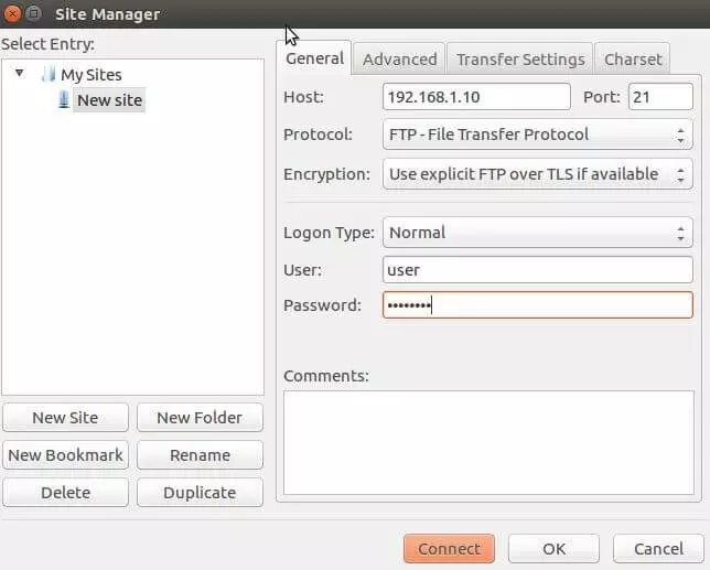 Image: FileZilla site manager: Client settings menu
