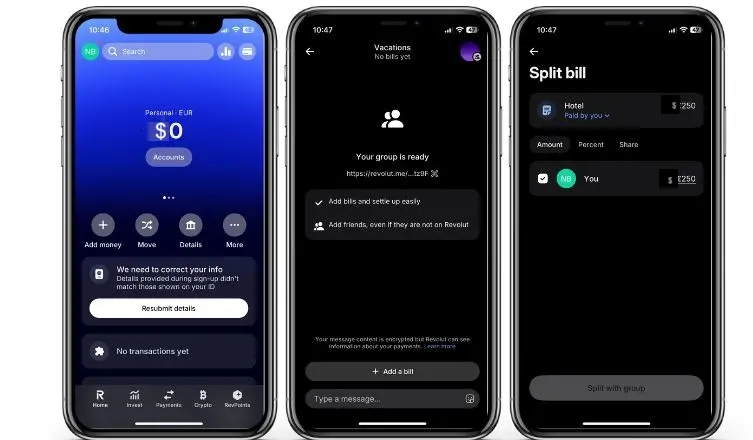 Screenshots of the Revolut app Image: Screenshots of the Revolut app