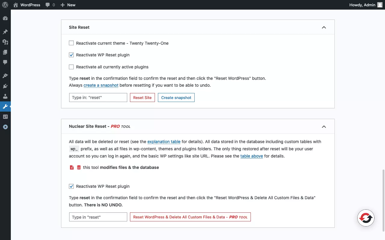 Image: Screenshot of the reset page of the “WP Reset” plugin