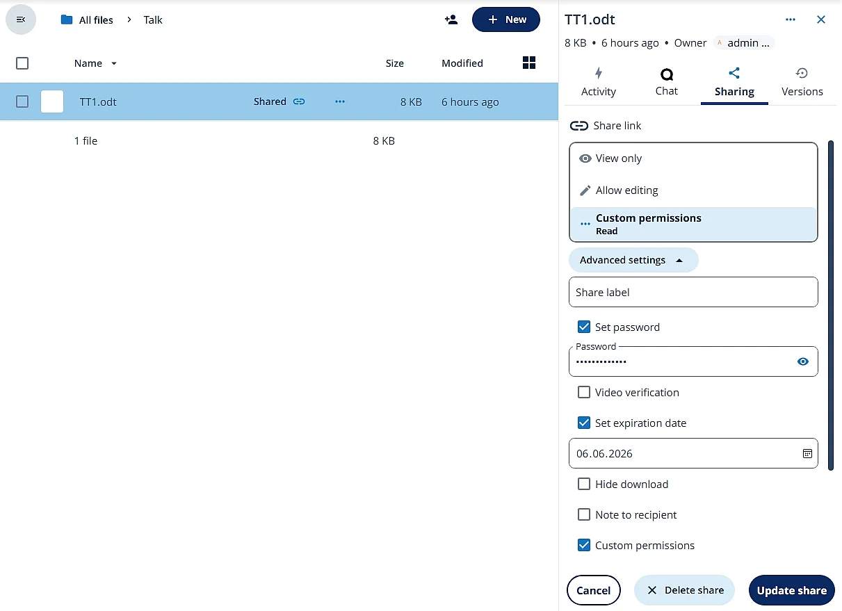 Nextcloud: Setting custom permissions for file sharing Image: Nextcloud: Setting custom permissions for file sharing