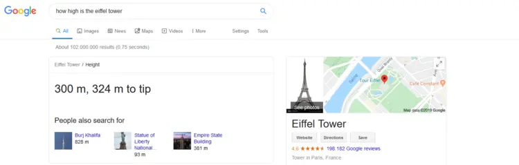 The Knowledge Graph answer box for the question: “How high is the Eiffel Tower?” The Knowledge Graph answer box for the question: “How high is the Eiffel Tower?”