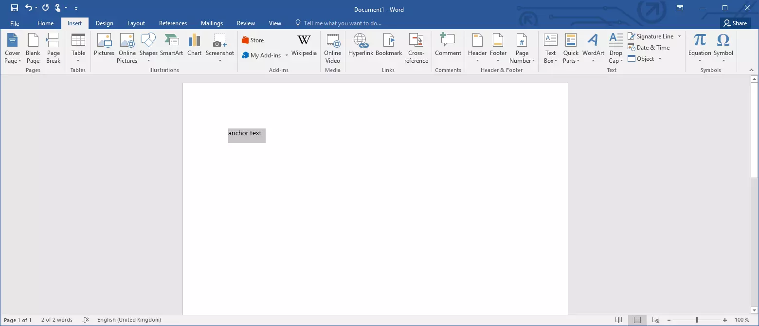 Image: Microsoft Word: The “Link” button in the “Insert” tab