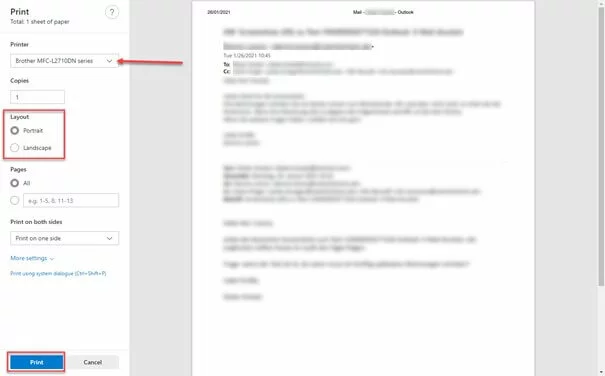 Image: “Print” window in the online version of Outlook