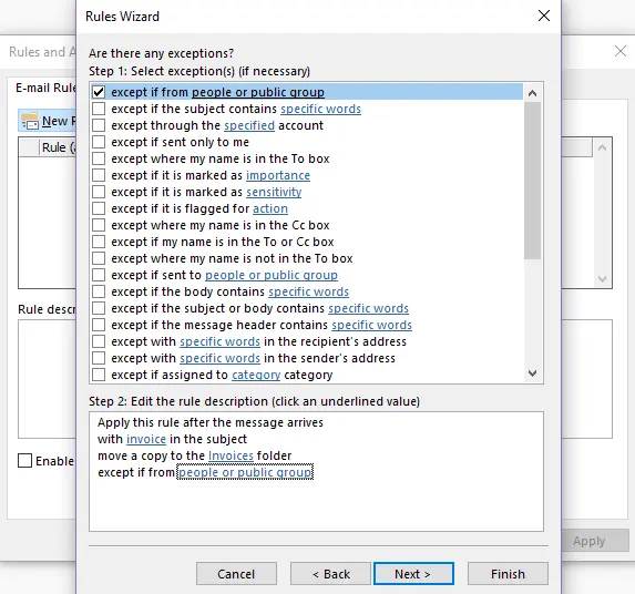 Image: Outlook Rules Wizard: Selecting exceptions