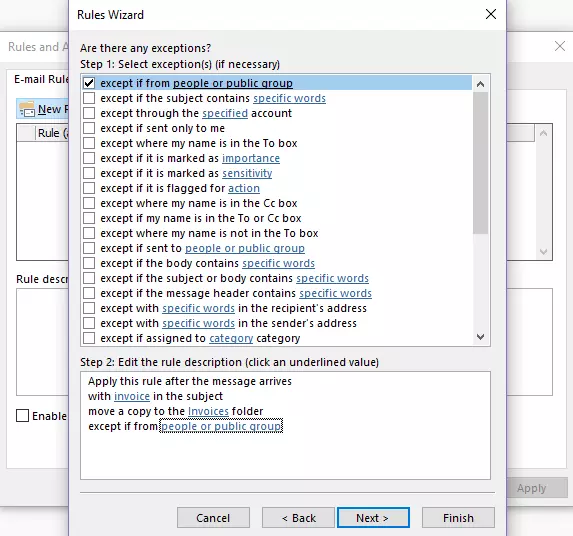 Outlook Rules Wizard: Selecting exceptions Outlook Rules Wizard: Selecting exceptions