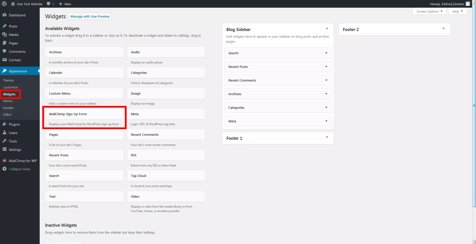 Image: registration form as a widget in the backend view