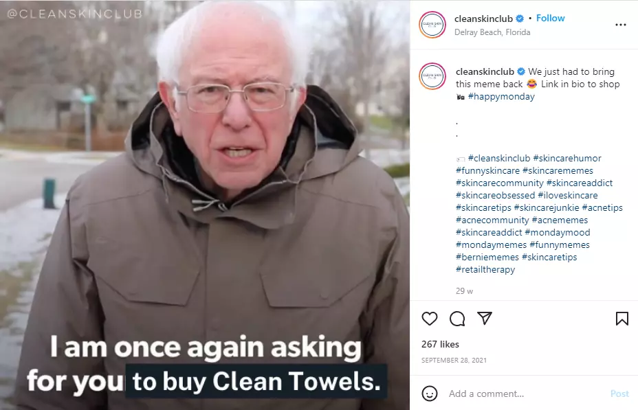 Screenshot of Clean Skin Club’s Instagram account with a meme Screenshot of Clean Skin Club’s Instagram account with a meme