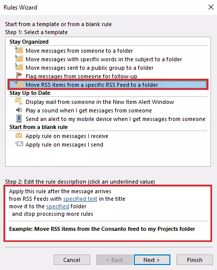 Outlook Rules Wizard: Selecting rules with RSS items Outlook Rules Wizard: Selecting rules with RSS items