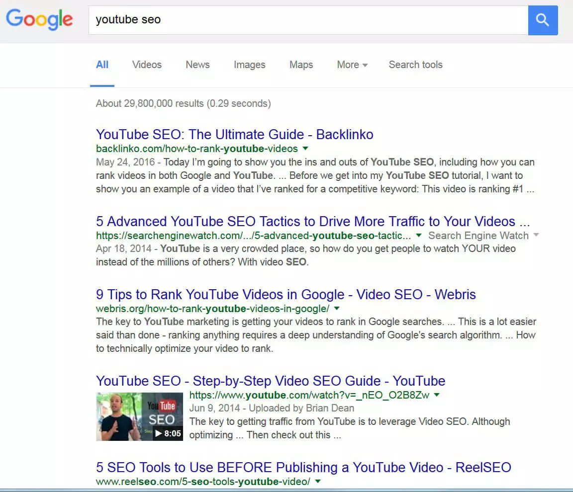 Image: Results page for the search ‘youtube seo’ on Google