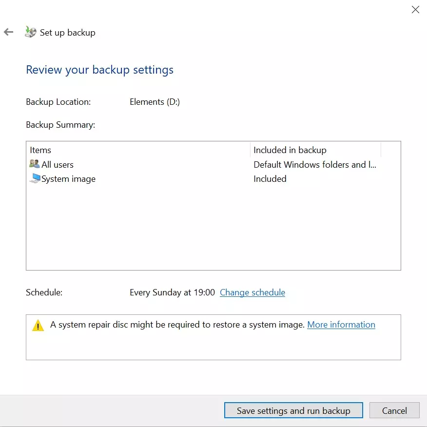 Image: Backup settings for the Windows 10 backup