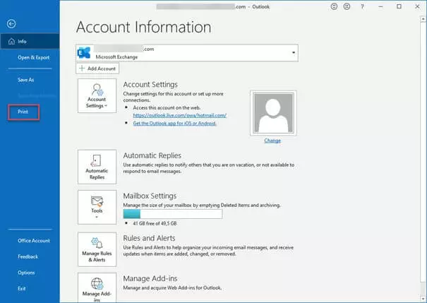 Image: Outlook “Account Information” sidebar with option to “Print”