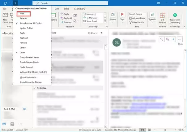 Image: Outlook icon and dialog window “Customize quick access toolbar”