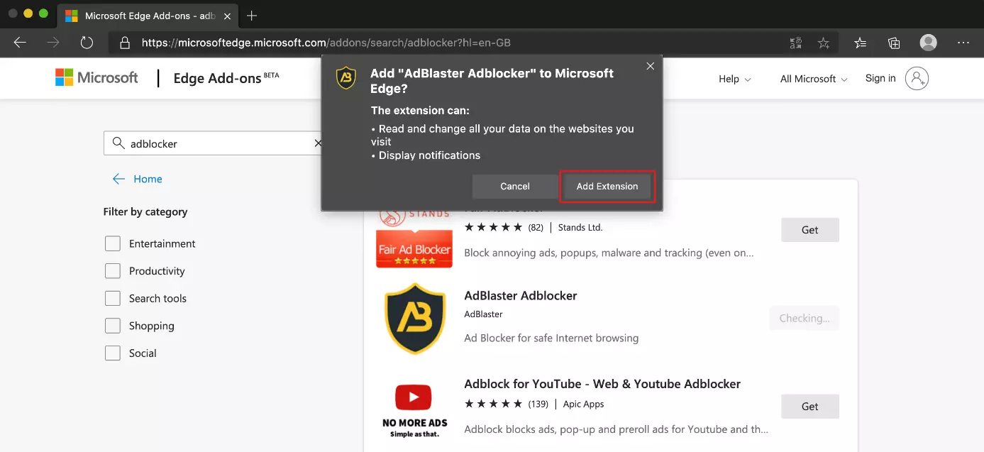 Confirm the installation by selecting “Add Extension”