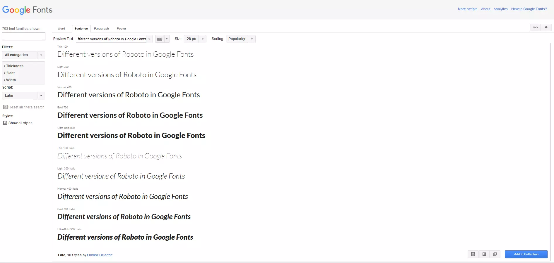 Image: Different versions of Roboto in Google Fonts