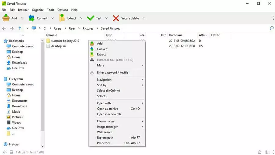 Image: PeaZip user interface with the open context menu