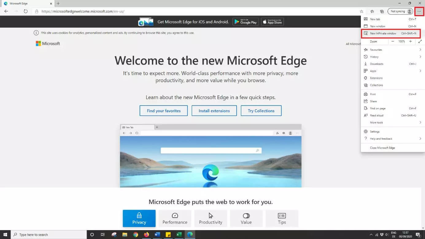 Image: New InPrivate window in Microsoft Edge