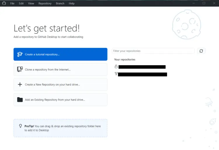 This is the GitHub Desktop main menu This is the GitHub Desktop main menu