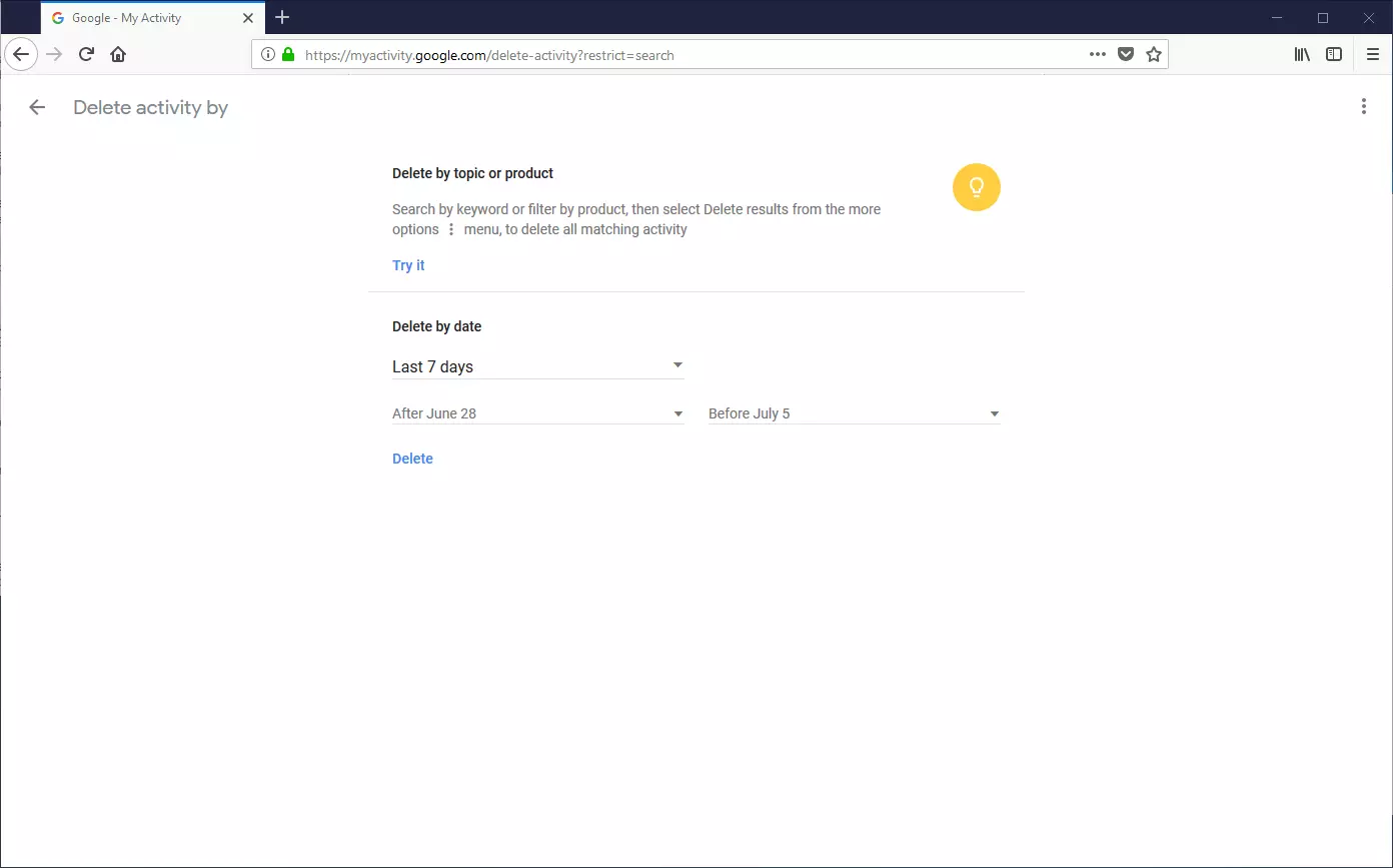 Image: Google history: delete activities by date
