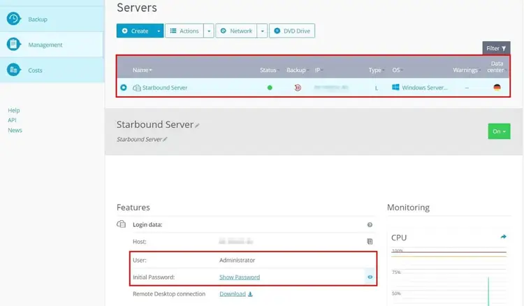 The overview of your server and access data in the IONOS Cloud Panel The overview of your server and access data in the IONOS Cloud Panel