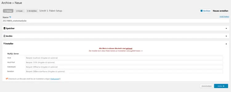 The first step when creating an archive with the Duplicator plugin The first step when creating an archive with the Duplicator plugin