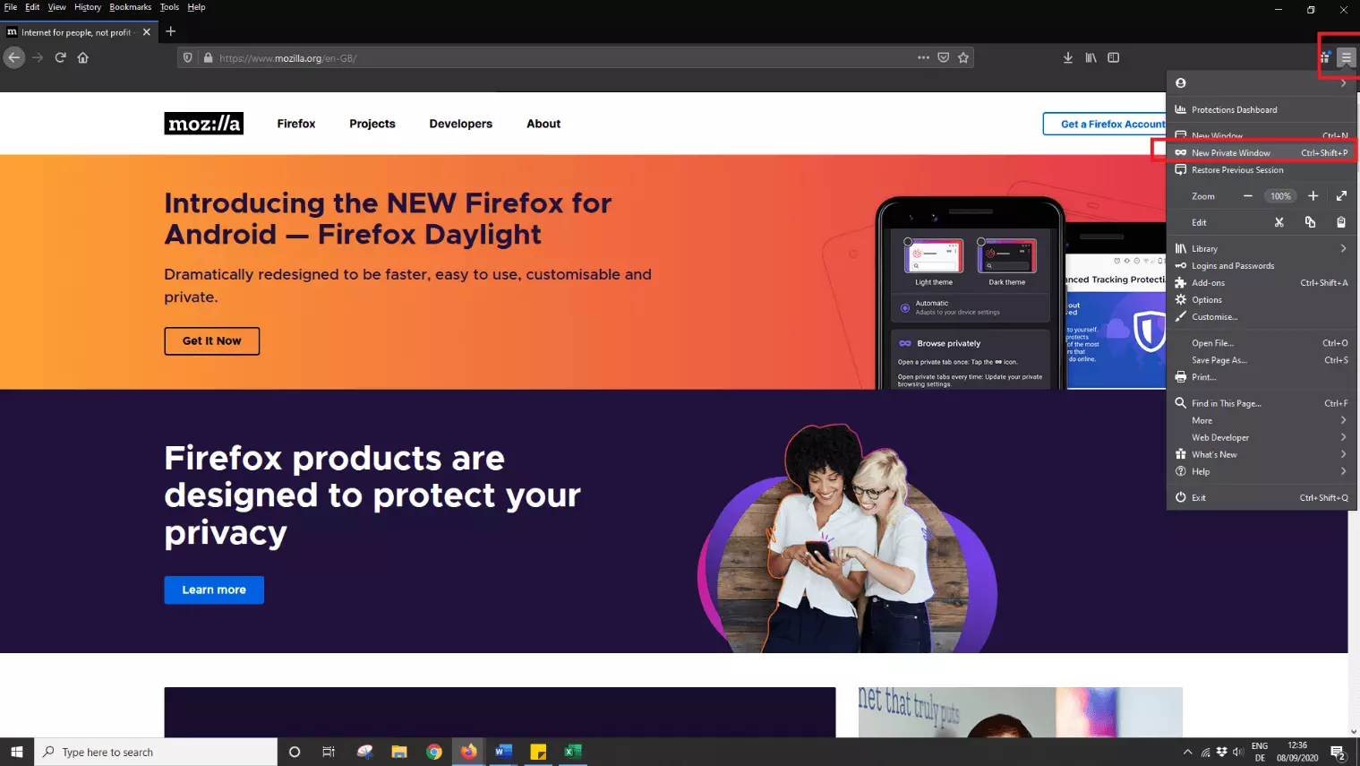 Image: Activate new private window in Mozilla Firefox
