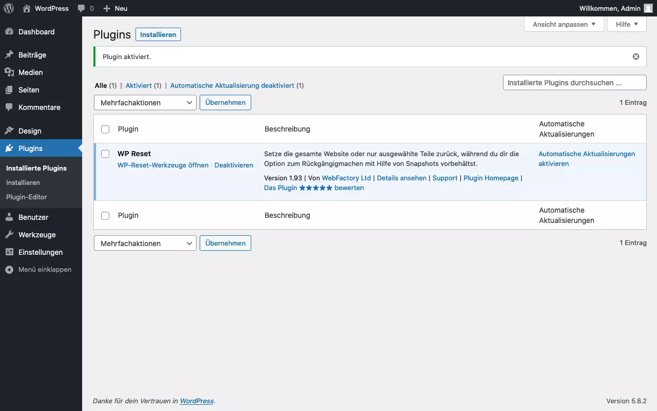 Image: Screenshot of the “Plugins” overview after installation and activation of the plugin