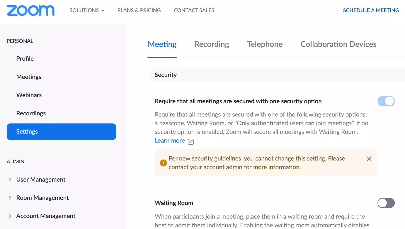 Image: Meeting settings on Zoom website