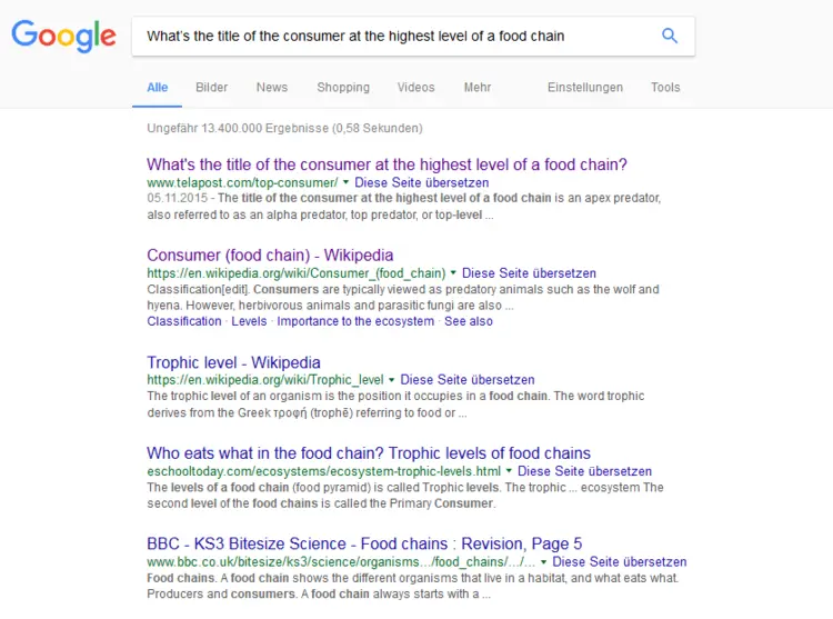 Google search results for the phrase 'What’s the title of the consumer at the highest level of a food chain' Google search results for the phrase 'What’s the title of the consumer at the highest level of a food chain'