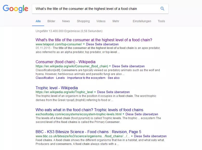 Image: Google search results for the phrase 'What’s the title of the consumer at the highest level of a food chain'