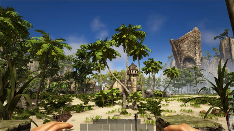 Screenshot from ATLAS: There is a tropical landscape with some half-timbered buildings Screenshot from ATLAS: There is a tropical landscape with some half-timbered buildings