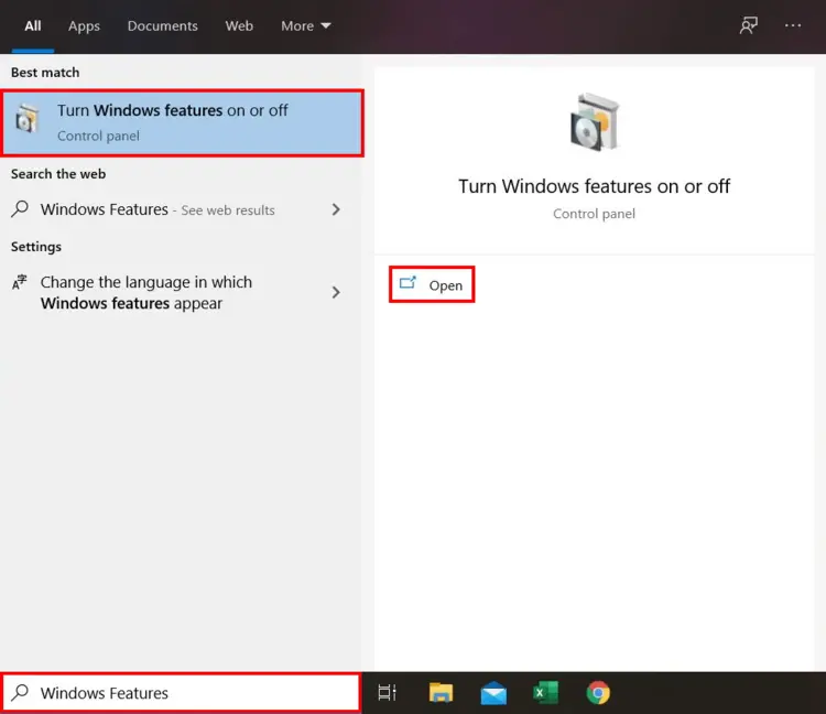 Opening the Windows features dialog field Opening the Windows features dialog field