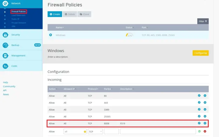 Firewall Policies in the IONOS control panel Firewall Policies in the IONOS control panel