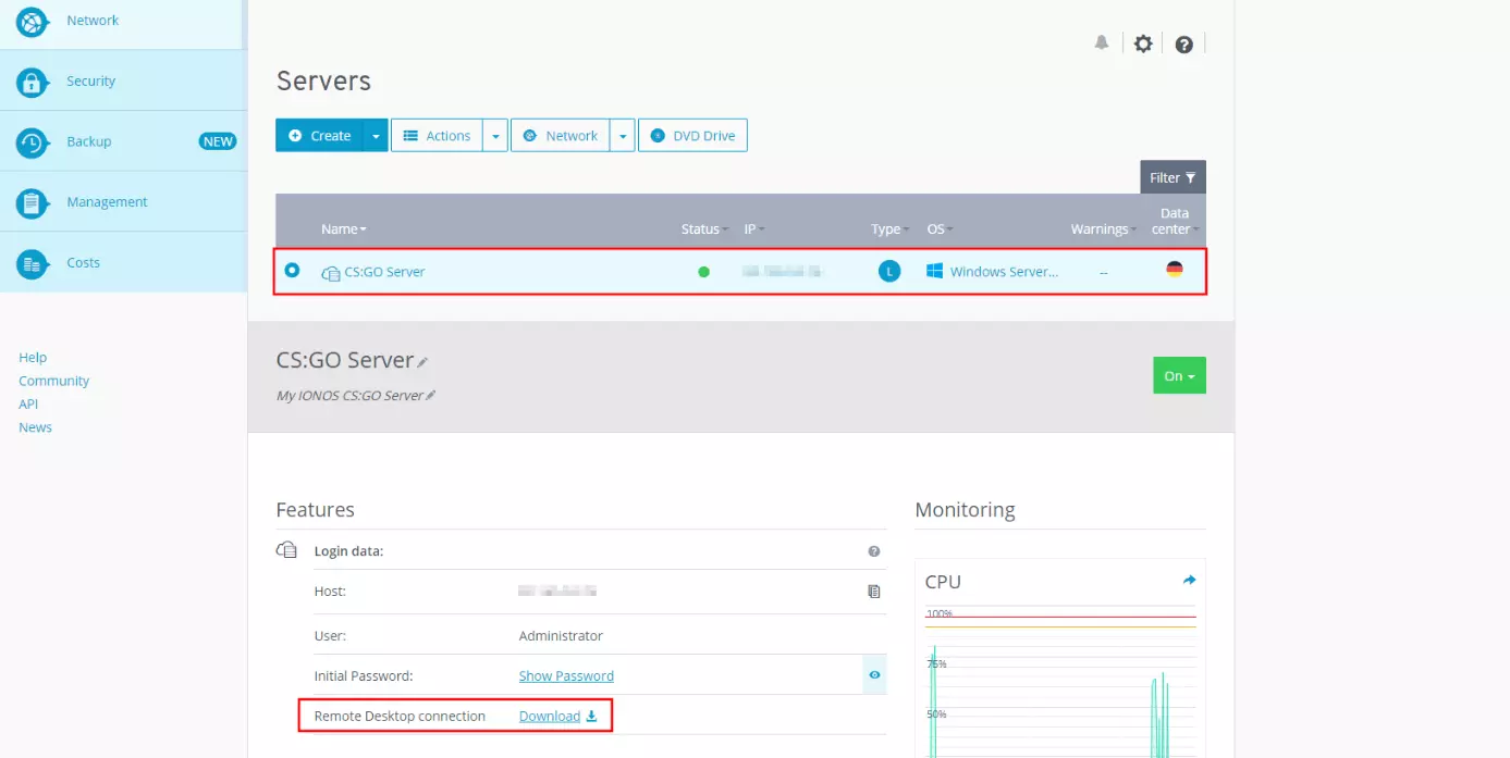 Image: IONOS Cloud Panel: Server data and information