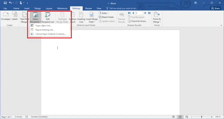 Option in Word that allows you to select different data sources for the mail merge Option in Word that allows you to select different data sources for the mail merge