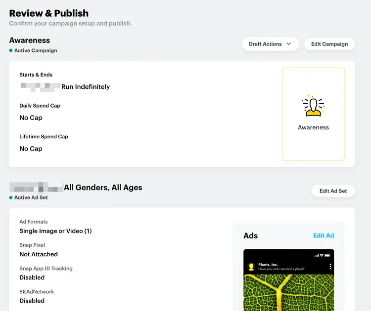 Screenshot of the “Review & Publish” page in the Ads Manager Screenshot of the “Review & Publish” page in the Ads Manager