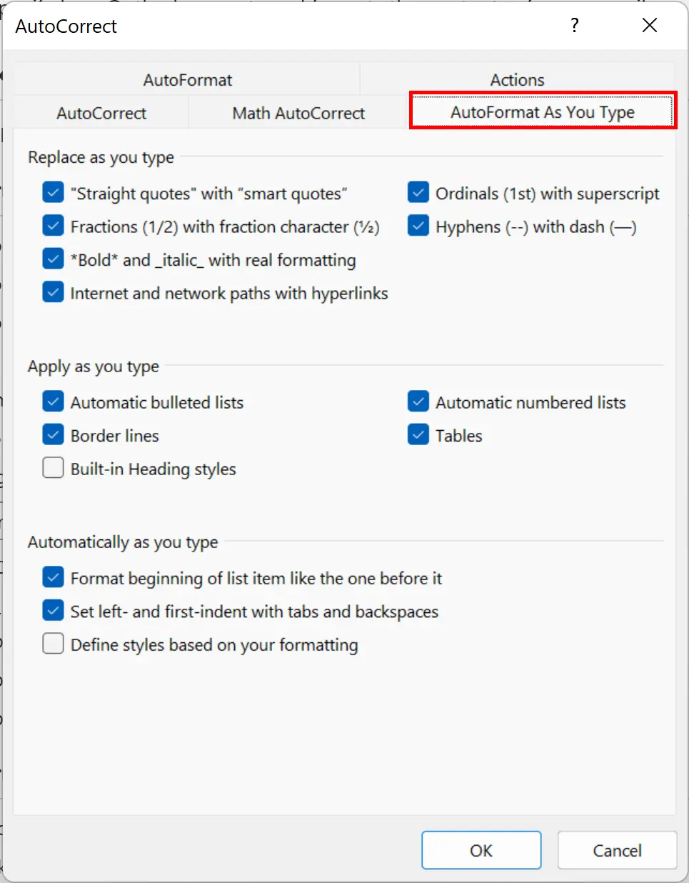 Outlook options AutoFormat As You Type and AutoFormat Image: Outlook options AutoFormat As You Type and AutoFormat